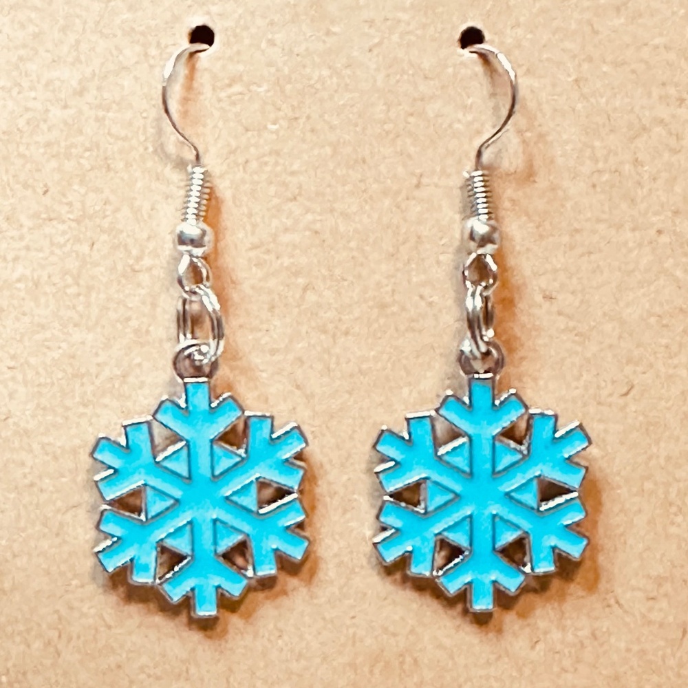 Stainless Steel Earring Hooks Dangle Aqua Blue Silver Snowflake Enamel Handmade